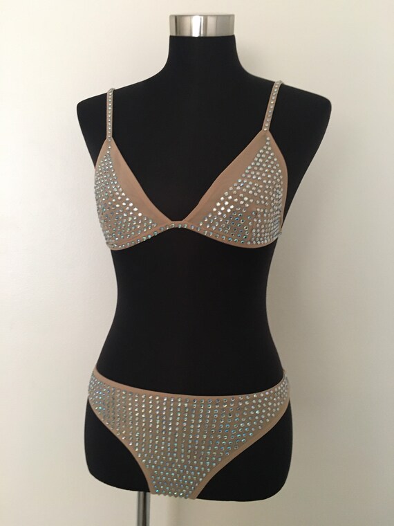 Nude illusion rhinestone showgirl bikini costume