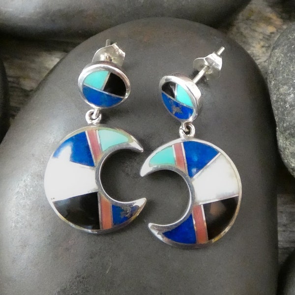 Native American Zuni Half Moon 925 Sterling Silver Turquoise Opal Coral Onyx Inlay Dangle Earrings, Gift For Her