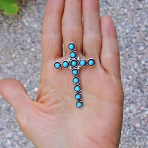 Zuni Sterling Silver Large Turquoise Cross Pin Pendant Brooch Gift For Mom, Christian Gift for Her