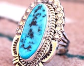 Native American Vintage Navajo Sterling Silver Turquoise Dinner Ring Signed