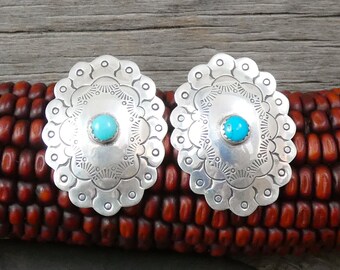 Native American Navajo Large Oval Turquoise 925 Sterling Silver Concho Post Earrings, Hand Stamped Everyday Earrings, Gifted Jewelry