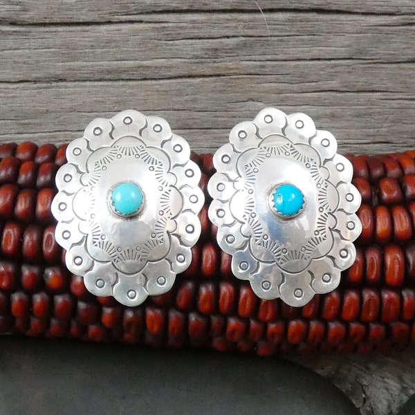 Native American Navajo Large Oval Turquoise 925 Sterling Silver Concho Post Earrings, Hand Stamped Everyday Earrings, Gifted Jewelry