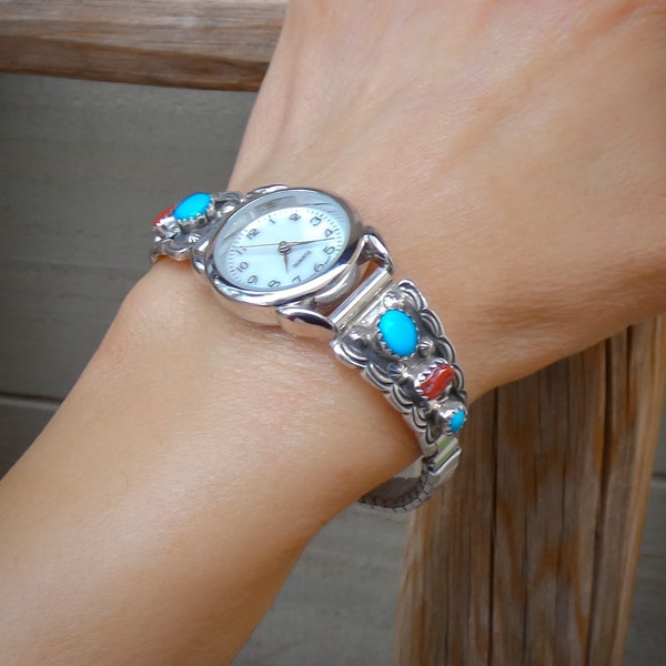 Authentic Women's Native American Navajo Sterling Silver Turquoise Coral Watch, Gift For Mom