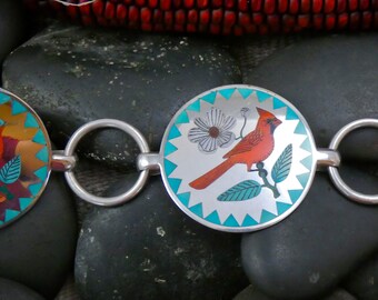 Vintage Zuni Sterling Silver Turquoise Multi Stone Inlaid Birds Link Concho Belt, Adjustable