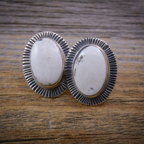 Authentic Native American Navajo Sterling Silver White Buffalo Post Button Earrings, Gift For Mom