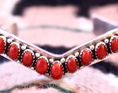 Native American, Navajo Handmade Vintage Coral Stacking Sterling Silver Bracelet, SIGNED