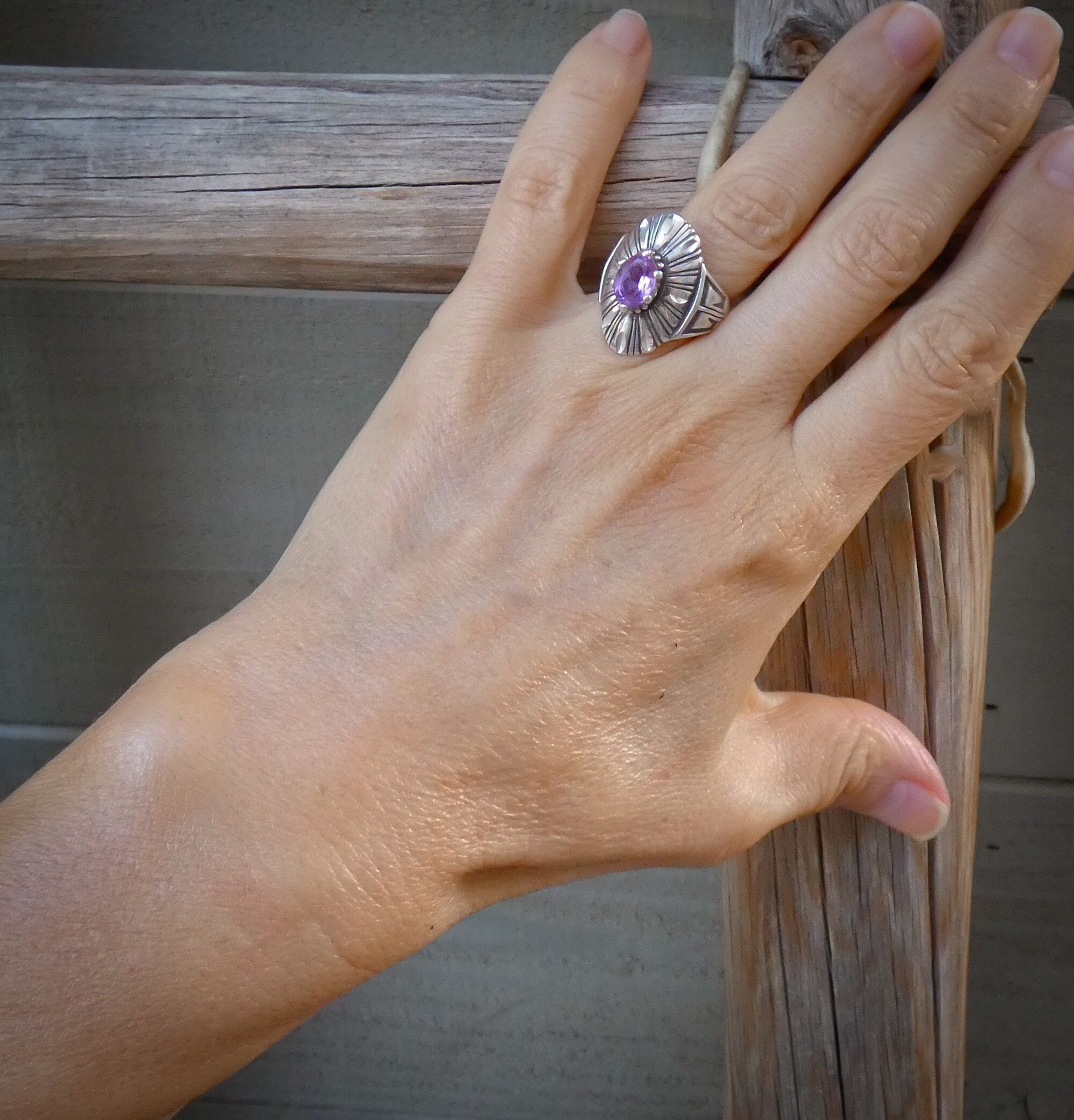 Native American Vintage Sterling Silver Diamond Cut Marquis Amethyst Ring Size 7.25 Made in USA