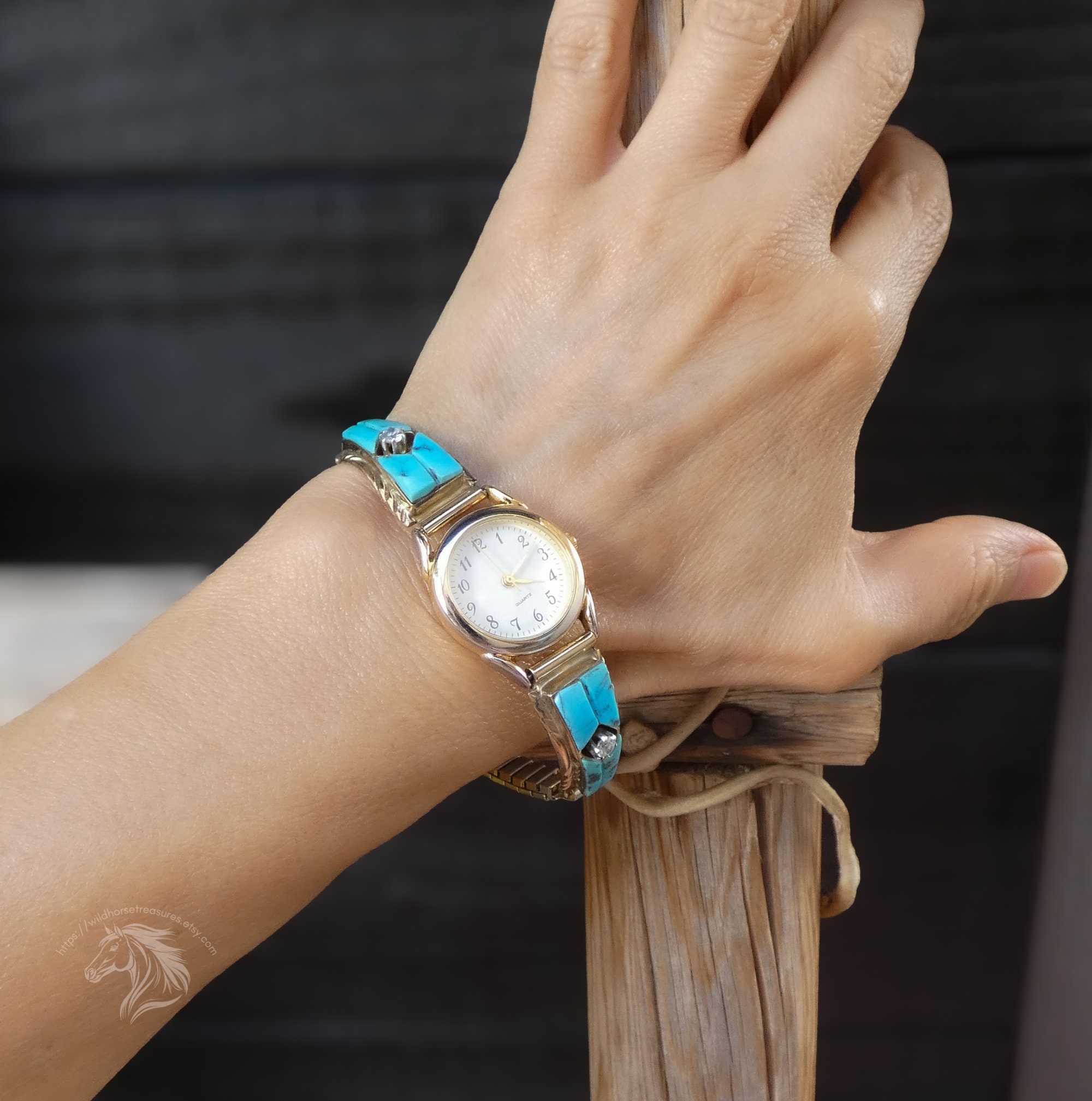 Native American Women's Sterling Silver 12K GF Turquoise CZ Inlay