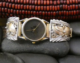 Navajo Herren Native American Navajo 925 Sterling Silber 12KGF Uhrenarmband, handgemachtes Schmuck Geschenk für ihn
