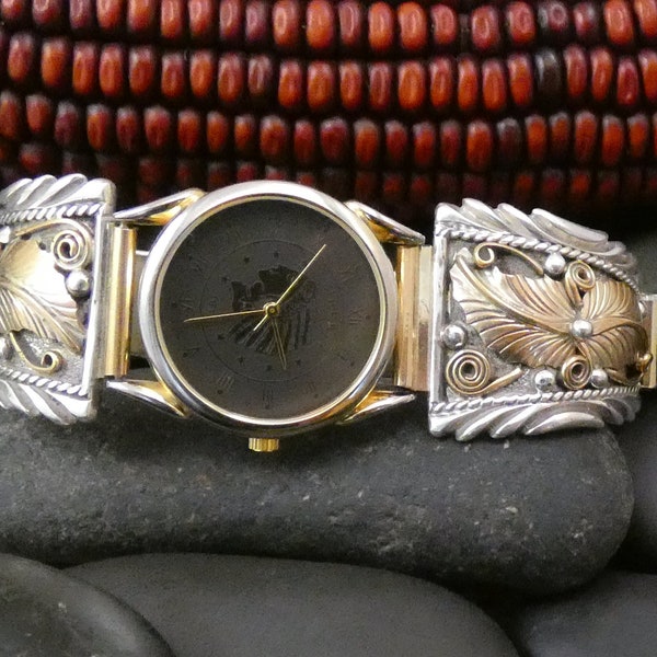 Navajo Men's Native American Navajo 925 Sterling Silver 12KGF Watch Band, Handmade Jewelry Gift For Him