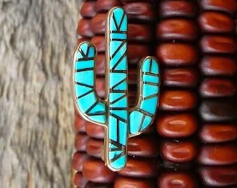 Native American Vintage 14K Gold Inlay Turquoise Saguaro Pin Pendant