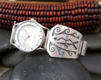 Native American Vintage Hopi Overlay 925 Sterling Silver Men's Watch, Gift For Dad, Made in USA