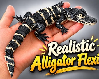 May include: A black and white articulated alligator figurine featuring a textured, segmented body and a detailed head with visible eyes. The text Realistic Alligator Flexi is printed in large, bold yellow and white letters in the lower right corner.