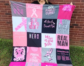 Custom T-Shirt Memory Quilt, Plush Fleece Backing, Cancer Gift