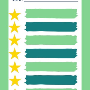 May include: A green and white printable to-do list with the title "Ta-dah List" and a space for the date. The list has 8 lines with green and teal stripes to the right of each line. There are yellow stars on the left and right sides of the page.
