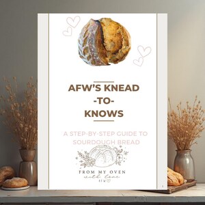 May include: A poster with the text "AFW'S KNEAD -TO- KNOWS" and "A STEP-BY-STEP GUIDE TO SOURDOUGH BREAD". The poster features a loaf of bread and heart illustrations. The words "FROM MY OVEN with love" are also visible.