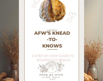 May include: A white poster with the text "AFW'S KNEAD -TO- KNOWS" and "A STEP-BY-STEP GUIDE TO SOURDOUGH BREAD". The poster features a loaf of bread and heart illustrations. The words "FROM MY OVEN with love" are also visible.