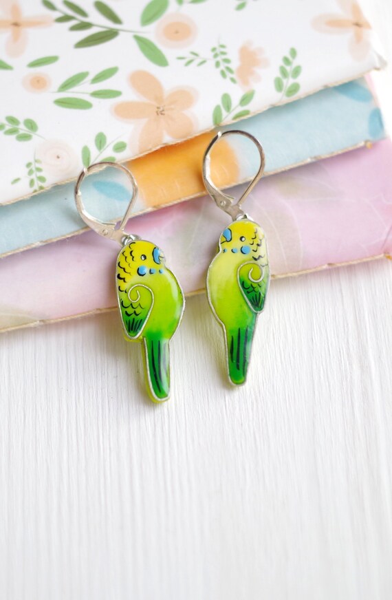 Green parrot drop earrings Budgie bird earrings chartreuse | Etsy