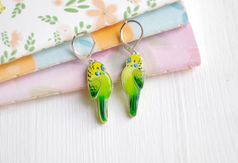 Green parrot drop earrings Budgie bird earrings chartreuse Etsy