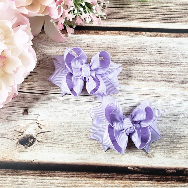 Light orchid small hairbows, girls ponytails accessories, toddler hairclips for pig tail bows, small boutique alligator clip hairstyles