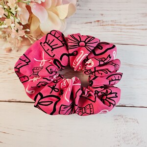 Pink scrunchy with hair bow pattern design, elastic hair tie for teenager ponytail holder, accessories bridesmaids hairstyles for parties