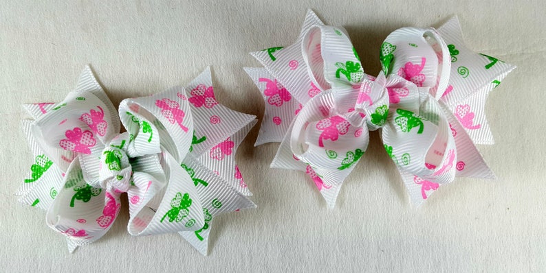 Patrick/'s Day Mini Hair Bows-Set of 2CloverLittle Girl Hair BowToddler Hair BowChildren AccessoryPigtailsStack BowsPink and Green St