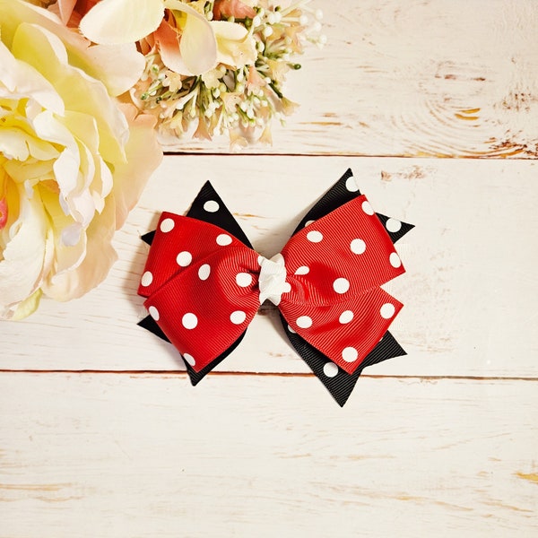 Polka Dot HairBow red on black layered, ponytail accessories for girls and toddlers, 4.5 inch double hair bow on alligator clips for pigtail