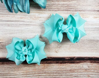 Aqua small hairclips for girls and toddlers, set of 2 layered bows on alligator clips for pigtails, great for hairstyle and matching outfits