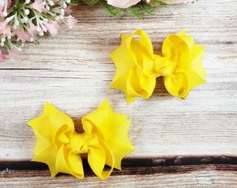 Yellow hairclips for ponytails, accessories for girls and toddler hairstyles, set of 2 layered 3 inch piggy tail hair bows on alligator clip
