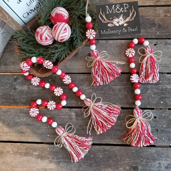 Peppermint Garland, Farmhouse Christmas Garland, Christmas Tiered Tray Filler, Christmas Decor, Peppermint Wood Bead Garland, Rae Dunn Decor