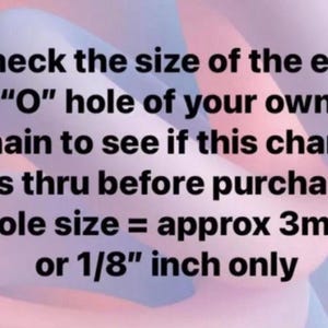 May include: Text on a pink and blue background that reads: "Check the size of the end "O" hole of your own chain to see if this charm fits thru before purchase. Hole size = approx 3mm or 1/8" inch only"