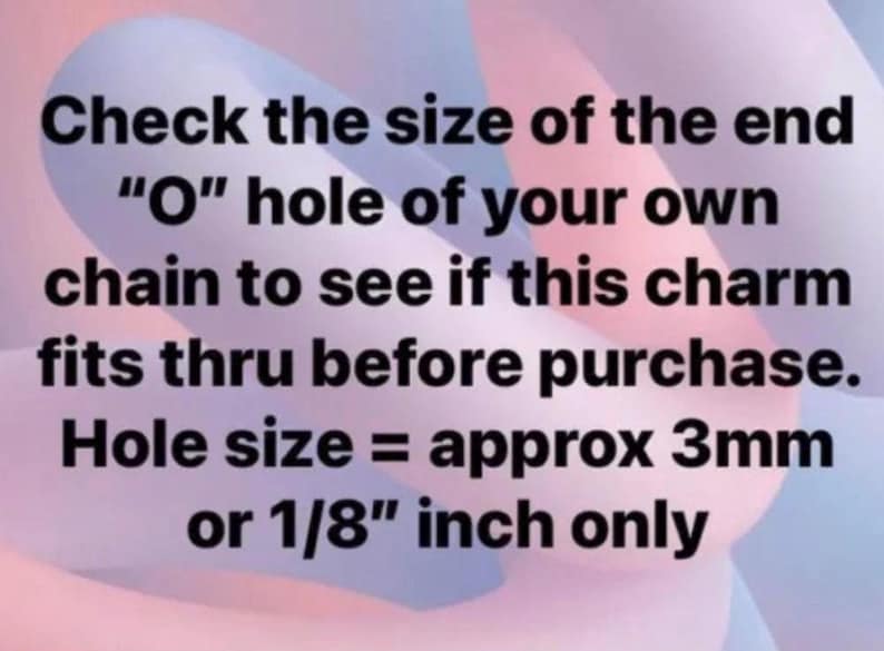 May include: Text on a pink and blue background that reads: "Check the size of the end "O" hole of your own chain to see if this charm fits thru before purchase. Hole size = approx 3mm or 1/8" inch only"