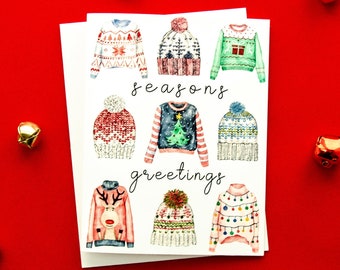 Sweater Weather Seasons Greetings Holiday Card Pack,Knit Hat Christmas Card, Christmas Ugly Sweater Card, Handmade Holiday Greeting Card Set