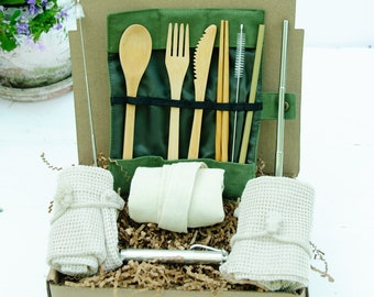 12 Piece Eco-Friendly Sustainable Care Package, Zero Waste Gift Box,Reusable Bamboo Utensil Set,Reusable Travel Straw,Cotton Canvas Tote Bag