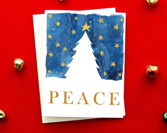 Peace Holiday Card Set, Seasons Greeting Christmas Card, Christmas Tree Starry Night Card,Handmade Holiday Greeting Card Set,Made in the USA