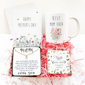Caixa de presente personalizada para o dia das mães, colar personalizado com letras em ouro 14K para a mãe, cartão de feliz dia das mães, presente de dia das mães para a mãe, caneca para a mãe