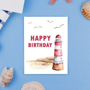 Joyeux anniversaire phare plage carte de voeux, carte d'anniversaire amoureux de la mer, carte d'anniversaire plage, carte d'anniversaire d'été, carte plage rivage Bday