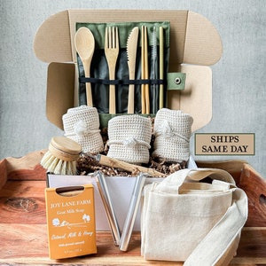 Zero Waste Eco-Friendly 17 Piece Sustainable Kitchen Kit Gift Box,Reusable Bamboo Utensil Set,Reusable Travel Straw,Sustainable gift for her