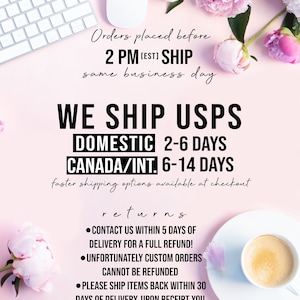 May include: A pink background with white text outlining shipping information for orders placed before 2 PM EST. The text states that orders placed before 2 PM EST will ship the same business day. The text also states that domestic orders ship via USPS and take 2-6 days to arrive, while international orders take 6-14 days. The text also includes information about returns, stating that customers can contact the seller within 5 days of delivery for a full refund. The text also states that custom orders cannot be refunded and that items must be shipped back within 30 days of delivery for a full refund.