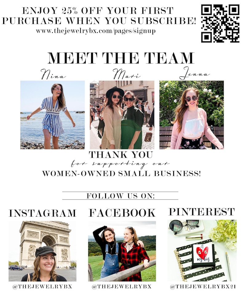 May include: A collage of photos featuring the team behind a women-owned small business. The team members are smiling and wearing casual clothing. The text "MEET THE TEAM" is at the top of the collage, and the names "Nina", "Mari", and "Jenna" are below each photo. The text "THANK YOU for supporting our WOMEN-OWNED SMALL BUSINESS!" is below the photos. The text "FOLLOW US ON: INSTAGRAM FACEBOOK PINTEREST" is below the text. The collage also includes photos of the team members in different settings, including a photo of the Eiffel Tower in Paris, France.