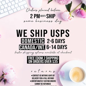 May include: A pink background with a white keyboard and a white computer mouse. The text "Orders placed before 2 PM (EST) SHIP same business day" is at the top of the image. The text "WE SHIP USPS DOMESTIC 2-6 DAYS CANADA/INT. 6-14 DAYS faster shipping options available at checkout FREE (DOM.) SHIPPING ON ORDERS OVER $35 returns &bull; CONTACT US WITHIN 5 DAYS OF DELIVERY FOR A FULL REFUND! &bull; UNFORTUNATELY CUSTOM ORDERS CANNOT BE REFUNDED &bull; PLEASE SHIP ITEMS BACK WITHIN 30 DAYS OF DELIVERY, UPON RECEIPT YOU WILL BE REFUNDED IMMEDIATELY!" is in the center of the image.