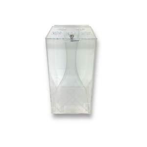 May include: A clear acrylic vase with a square base and a narrow opening. The vase has a textured design and a small metal latch on the top.