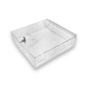 May include: A clear plastic box with a lock and key. The box is square and has a lid that opens to reveal the inside.