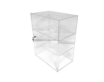 May include: A clear acrylic display case with three shelves and a lock. The case is made of durable acrylic and is perfect for displaying small items.