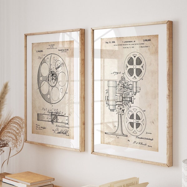 Cinema Set Of 2 Patent Prints, Cinema Room Wall Art, Movie Room Decor, Film Maker Gift, Vintage Motion Picture Artwork