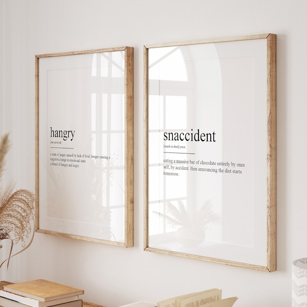 Kitchen Set Of 2 Definition Prints, Hangry Print, Snaccident Poster, Dorm Kitchen Wall Art, Dining Room Decor, Cooking Artwork