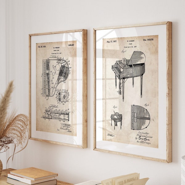 Piano Set Of 2 Patent Prints, Music Room Decor, Studio Wall Art, Bedroom Poster, Musician Gift, Teacher Present, Instrument Artwork