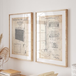 Les Paul Guitar and Amplifier Set Of 2 Patent Prints, Guitarist Gifts, Music Room Decor, Studio Wall Art, Bedroom Posters, Musician