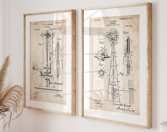 Windmill Set Of 2 Patent Prints, Farming Prints, Farm House Decor, Gift For Farmer, Vintage Wall Art, Tractor Poster