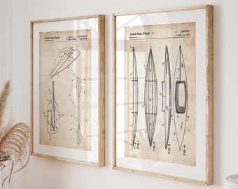 Kayak Set Of 2 Patent Prints, Canoe Gift, Beach House Decor, Lake House Wall Art, Sailing Prints, Nautical Poster, Clubhouse Artwork